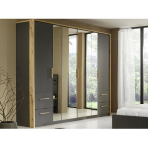 Šatní skříň s otočnými dveřmi Josselin, 226 cm, tmavě šedá/dub