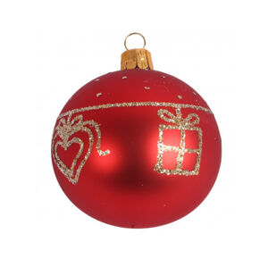 Vánoční ozdoba skleněná koule 7 cm, červená, dárek a srdíčko