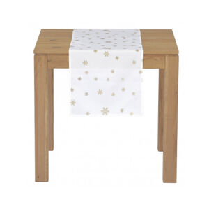 Vánoční běhoun na stůl Zlaté vločky, bílý, 150x40 cm