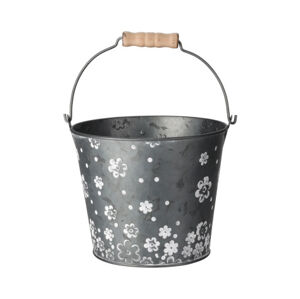 Květináč tvar kbelík s rukojetí, šedý kov